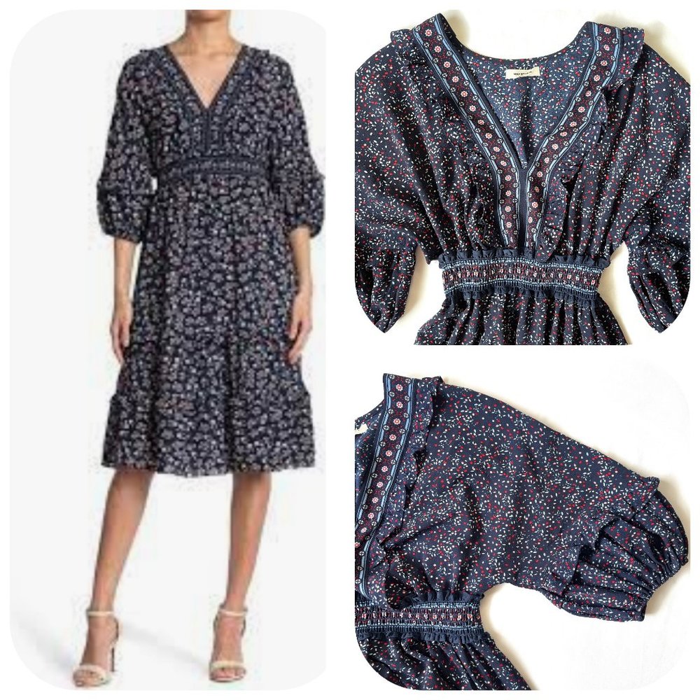 Max Studio TIERED 3/4 Sleeve FLORAL Midi Dress New